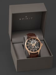 Spirit Brown Skeleton Automatic Rose Gold Plated Leather Strap Watch - Image 4 of 4