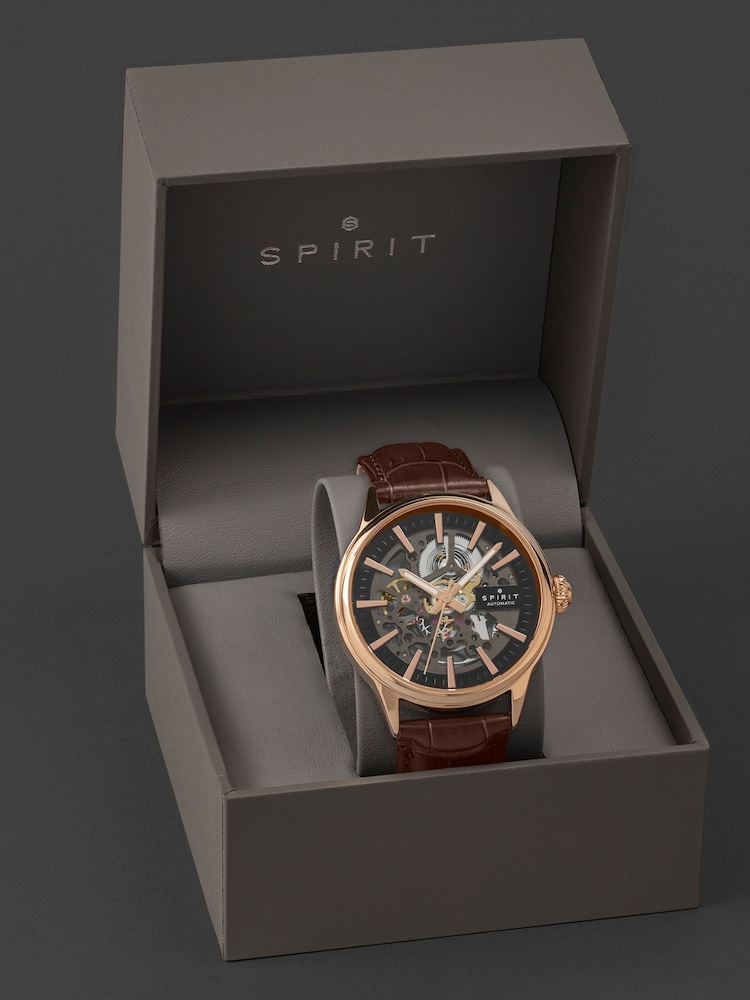 Spirit Brown Skeleton Automatic Rose Gold Plated Leather Strap Watch - Image 4 of 4 Spirit Brown Skeleton Automatic Rose Gold Plated Leather Strap Watch - Image 4 of 4