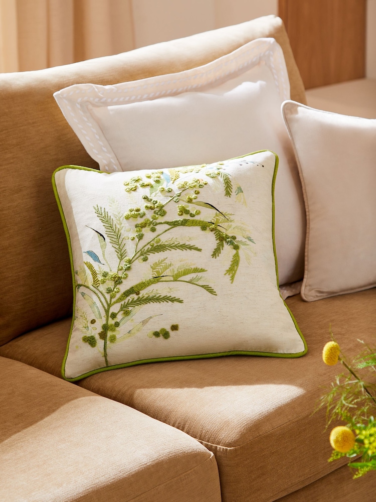Sage Green Mimosa Leaf Embroidered Cushion - Image 1 of 3
