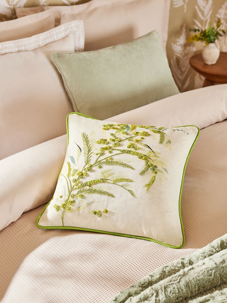 Sage Green Mimosa Leaf Embroidered Cushion - Image 2 of 3