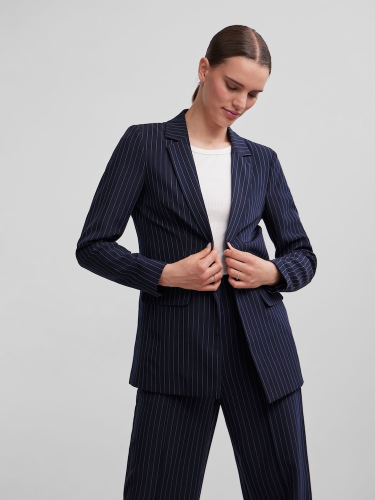 PIECES Blue Pinstripe Relaxed Fit Stretch Blazer - Image 1 of 1