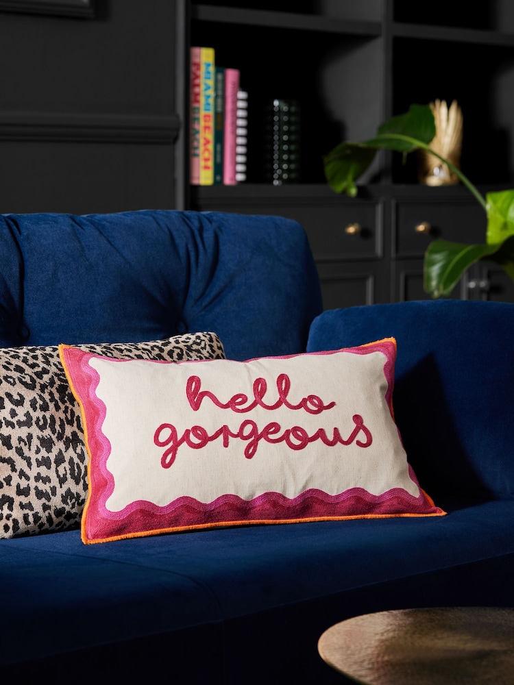 Fuchsia Pink Hello Gorgeous Embroidered Cushion - Image 1 of 5