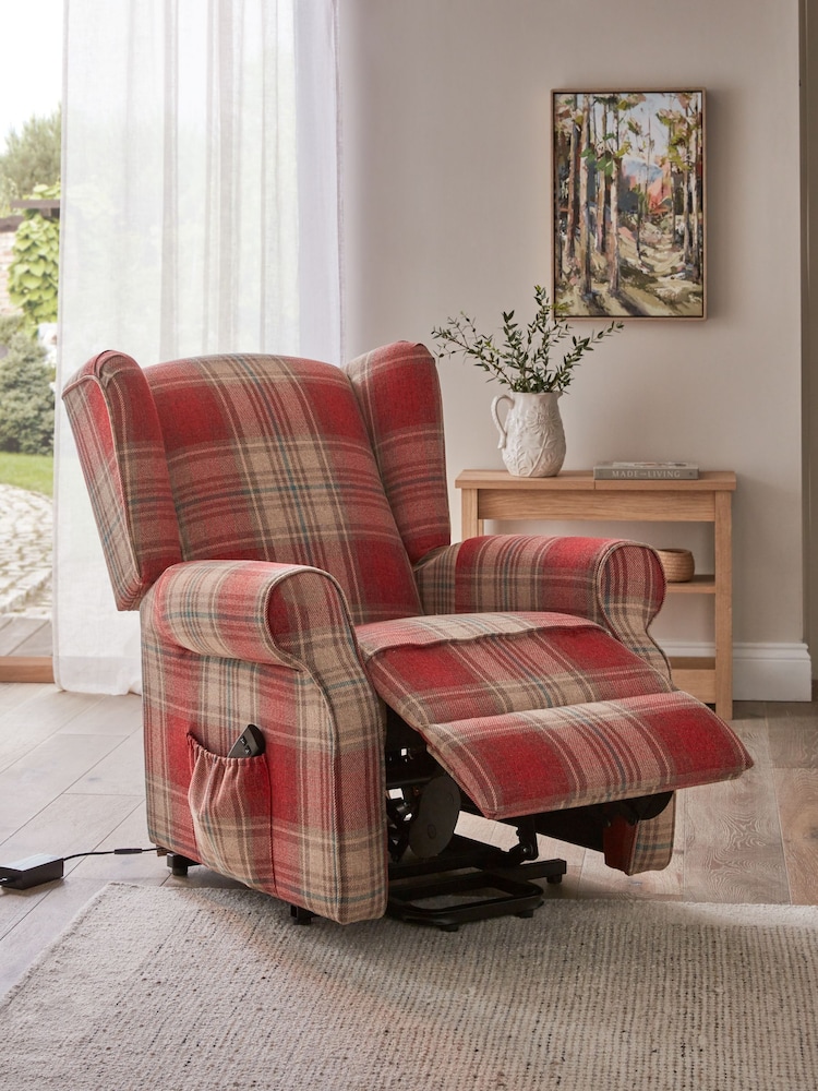 Versatile Check Stirling Red Riser Recliner Sherlock Highback Armchair - Image 2 of 12