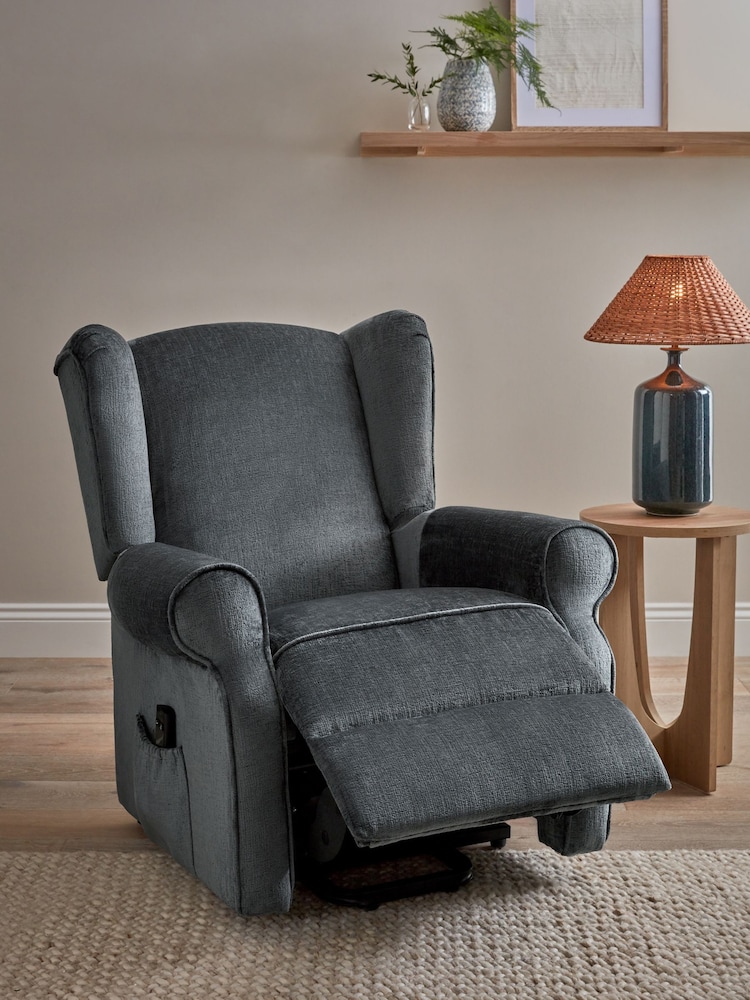 Plush Chenille Slate Blue Riser Recliner Sherlock Highback Armchair - Image 2 of 12