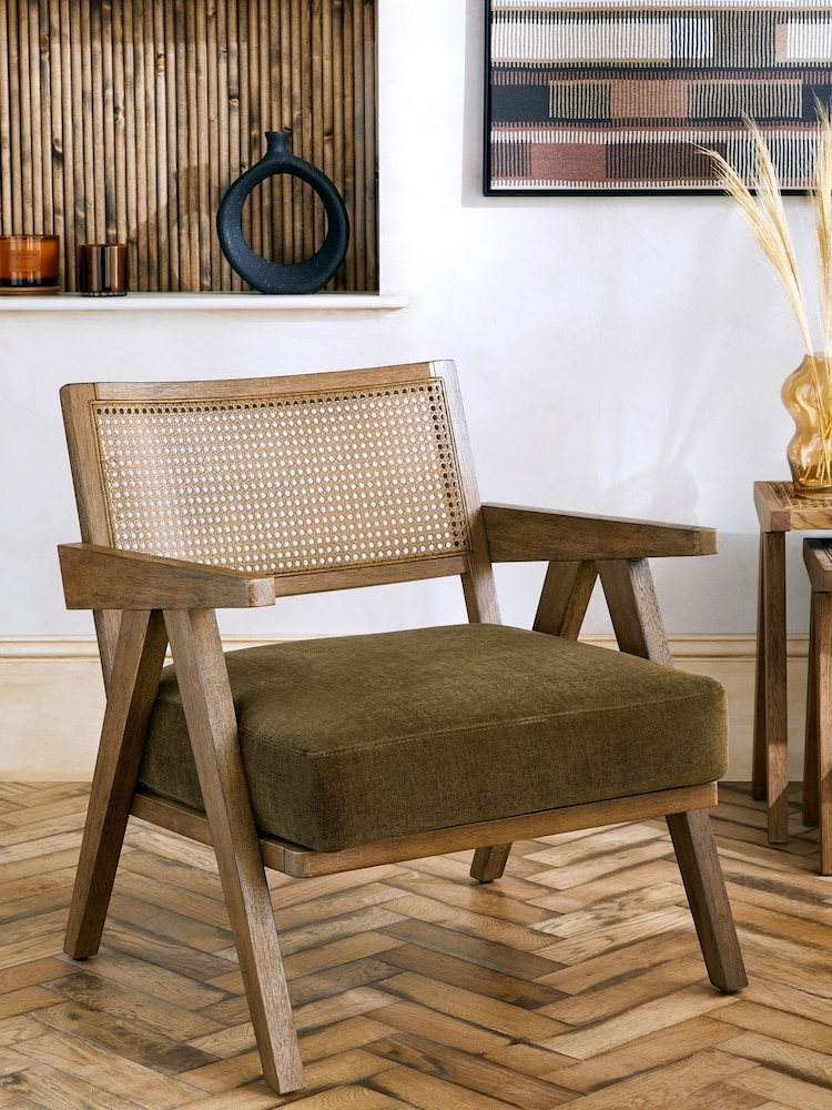 Bronx Frame, Fine Chenille Moss Green Abel Wooden Rattan Accent Chair - Image 1 of 9