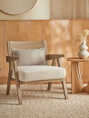 Oak Effect Frame, Casual Boucle Oyster Natural Abel Wooden Rattan Accent Chair - Image 1 of 10