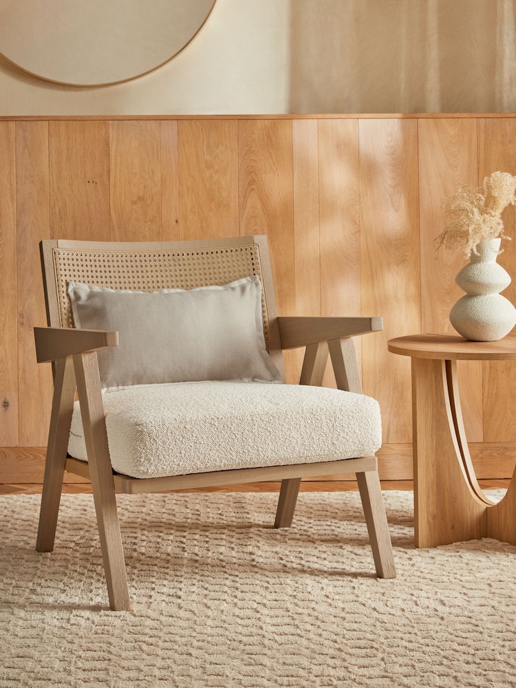 Oak Effect Frame, Casual Boucle Oyster Natural Abel Wooden Rattan Accent Chair - Image 1 of 10