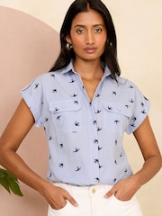 Love & Roses Blue Stripe Embroidery Petite Roll Sleeve Utility Shirt - Image 1 of 4