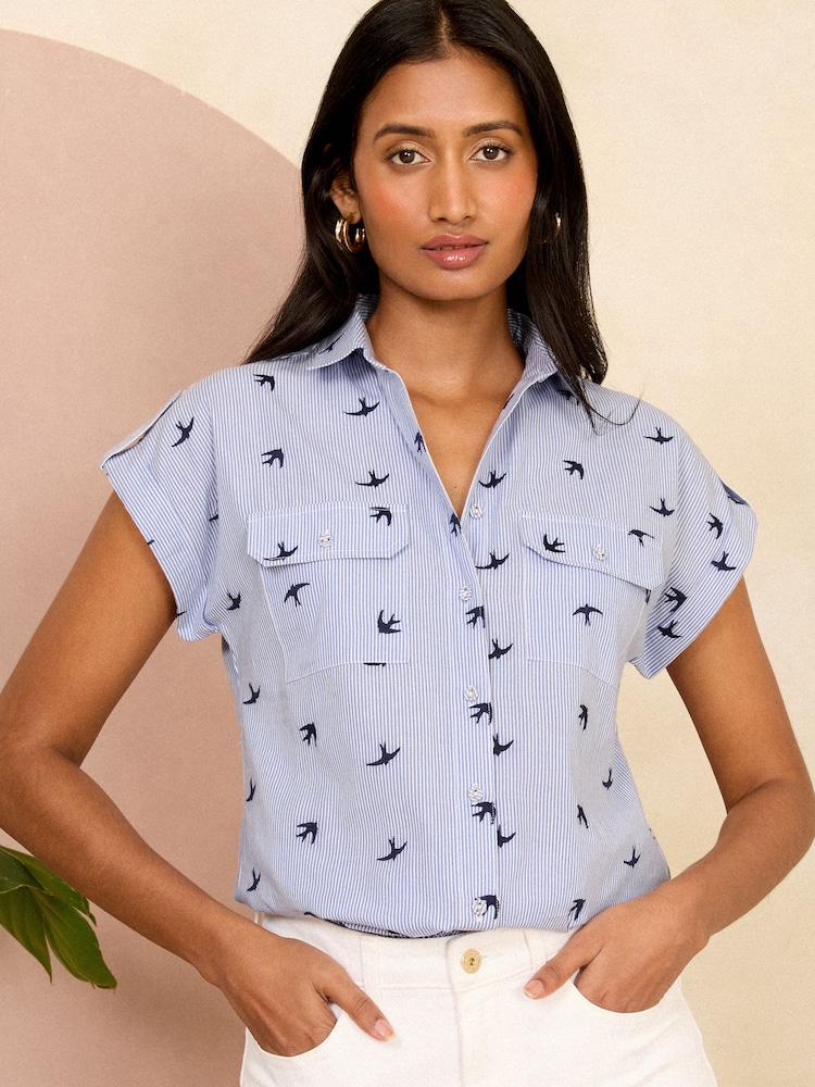 Love & Roses Blue Stripe Embroidery Petite Roll Sleeve Utility Shirt - Image 1 of 4