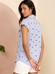 Love & Roses Blue Stripe Embroidery Petite Roll Sleeve Utility Shirt - Image 2 of 4