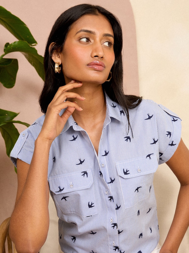 Love & Roses Blue Stripe Embroidery Petite Roll Sleeve Utility Shirt - Image 4 of 4