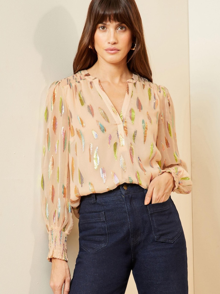 Love & Roses Pink Metallic Chiffon V Neck Long Sleeve Over The Head Blouse - Image 1 of 4