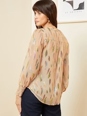 Love & Roses Pink Metallic Chiffon V Neck Long Sleeve Over The Head Blouse - Image 3 of 4