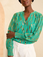 Love & Roses Green Metallic Chiffon V Neck Long Sleeve Over The Head Blouse - Image 2 of 4