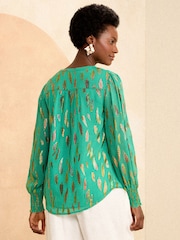 Love & Roses Green Metallic Chiffon V Neck Long Sleeve Over The Head Blouse - Image 3 of 4