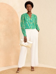 Love & Roses Green Metallic Chiffon V Neck Long Sleeve Over The Head Blouse - Image 4 of 4