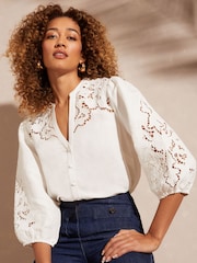 Love & Roses Ivory White V Neck Cutwork Viscose Linen Blend Blouse - Image 1 of 4