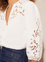 Love & Roses Ivory White V Neck Cutwork Viscose Linen Blend Blouse - Image 2 of 4