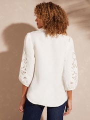 Love & Roses Ivory White V Neck Cutwork Viscose Linen Blend Blouse - Image 3 of 4