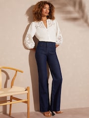 Love & Roses Ivory White V Neck Cutwork Viscose Linen Blend Blouse - Image 4 of 4
