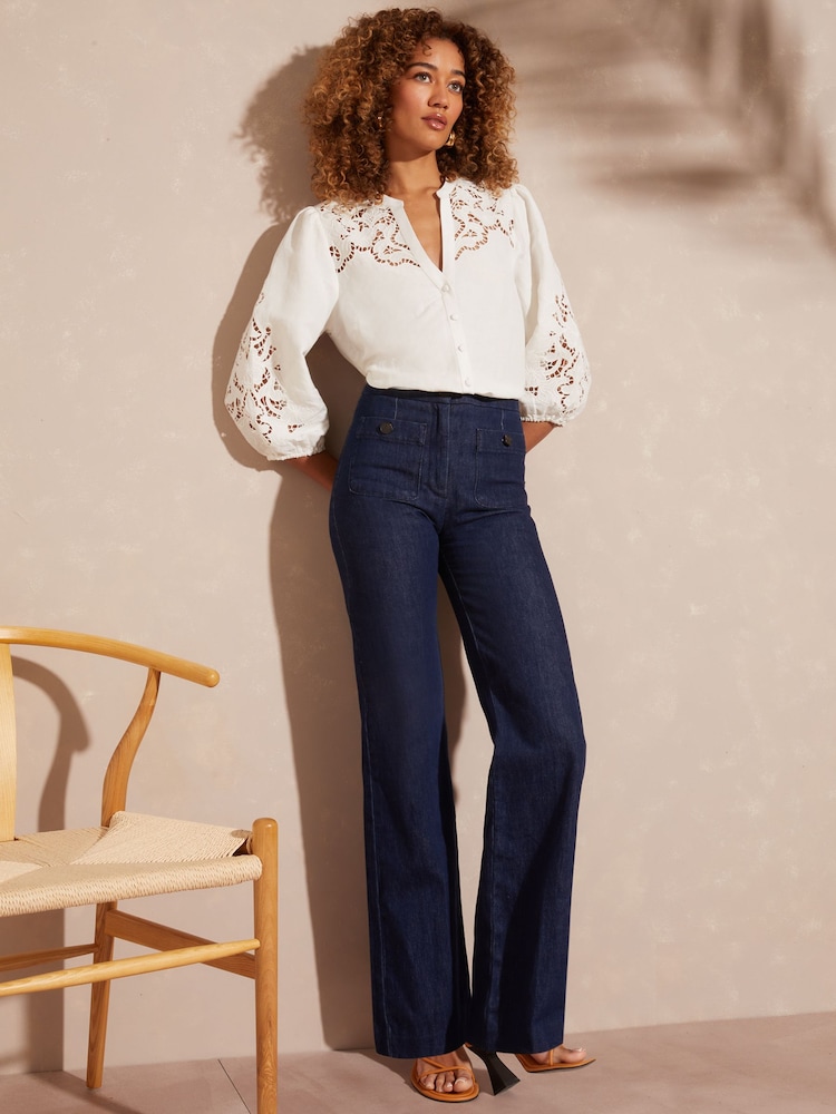 Love & Roses Ivory White V Neck Cutwork Viscose Linen Blend Blouse - Image 4 of 4