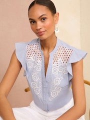 Love & Roses Navy Blue Stripe Flutter Sleeve Cutwork Blouse With Linen - Image 1 of 4