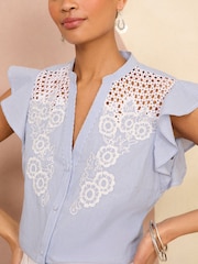 Love & Roses Navy Blue Stripe Flutter Sleeve Cutwork Blouse With Linen - Image 2 of 4
