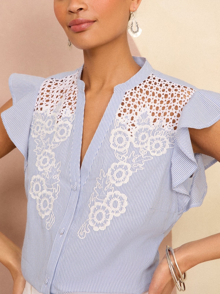 Love & Roses Navy Blue Stripe Flutter Sleeve Cutwork Blouse With Linen - Image 2 of 4