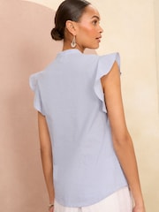 Love & Roses Navy Blue Stripe Flutter Sleeve Cutwork Blouse With Linen - Image 3 of 4