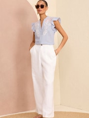 Love & Roses Navy Blue Stripe Flutter Sleeve Cutwork Blouse With Linen - Image 4 of 4