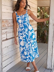 Roman Blue Shirred Strappy Dress - Image 1 of 4
