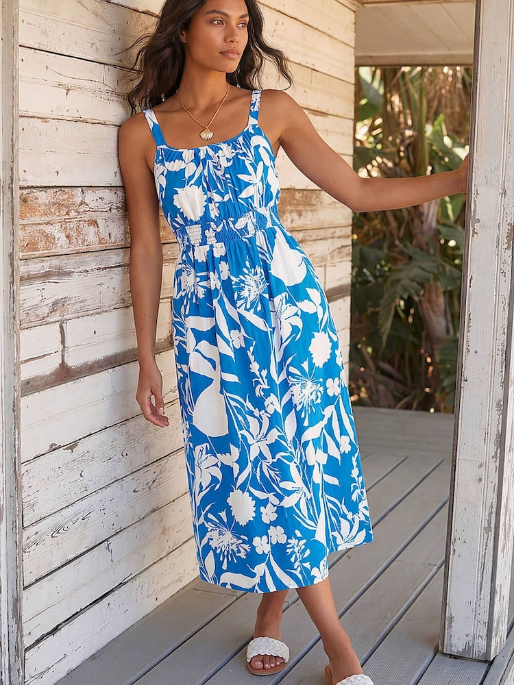 Roman Blue Shirred Strappy Dress - Image 1 of 4 Roman Blue Shirred Strappy Dress - Image 1 of 4