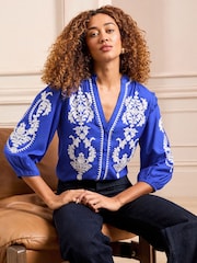 Love & Roses Blue Embroidery Embroidered V Neck 3/4 Sleeve Blouse - Image 1 of 4