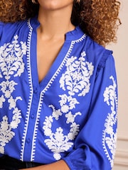 Love & Roses Blue Embroidery Embroidered V Neck 3/4 Sleeve Blouse - Image 2 of 4