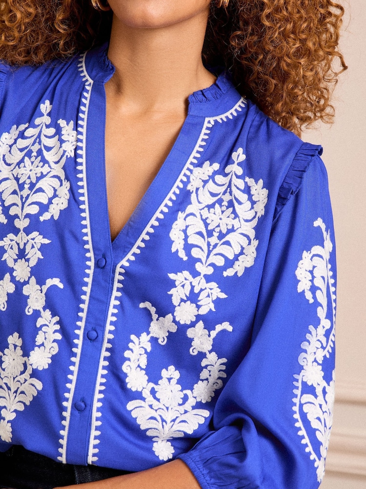 Love & Roses Blue Embroidery Embroidered V Neck 3/4 Sleeve Blouse - Image 2 of 4