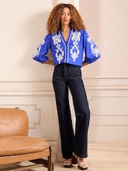 Love & Roses Blue Embroidery Embroidered V Neck 3/4 Sleeve Blouse - Image 3 of 4