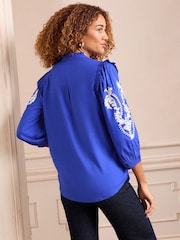 Love & Roses Blue Embroidery Embroidered V Neck 3/4 Sleeve Blouse - Image 4 of 4