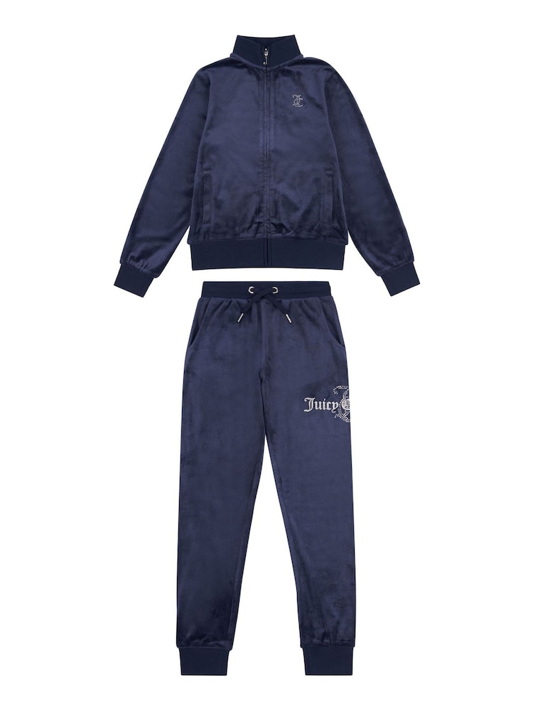 Juicy Couture Blue Slim Diamanté Zip Through Track Top and Joggers Set - Image 1 of 5