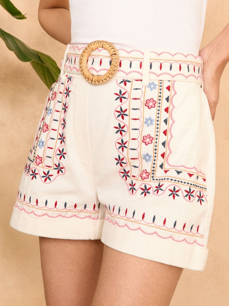 Love & Roses Ivory White Embroidered Belted Shorts - Image 1 of 4 Love & Roses Ivory White Embroidered Belted Shorts - Image 1 of 4
