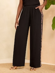 Love & Roses Black Animal Wide Leg Lightweight Side Trim Wide Leg Trousers - Image 1 of 4