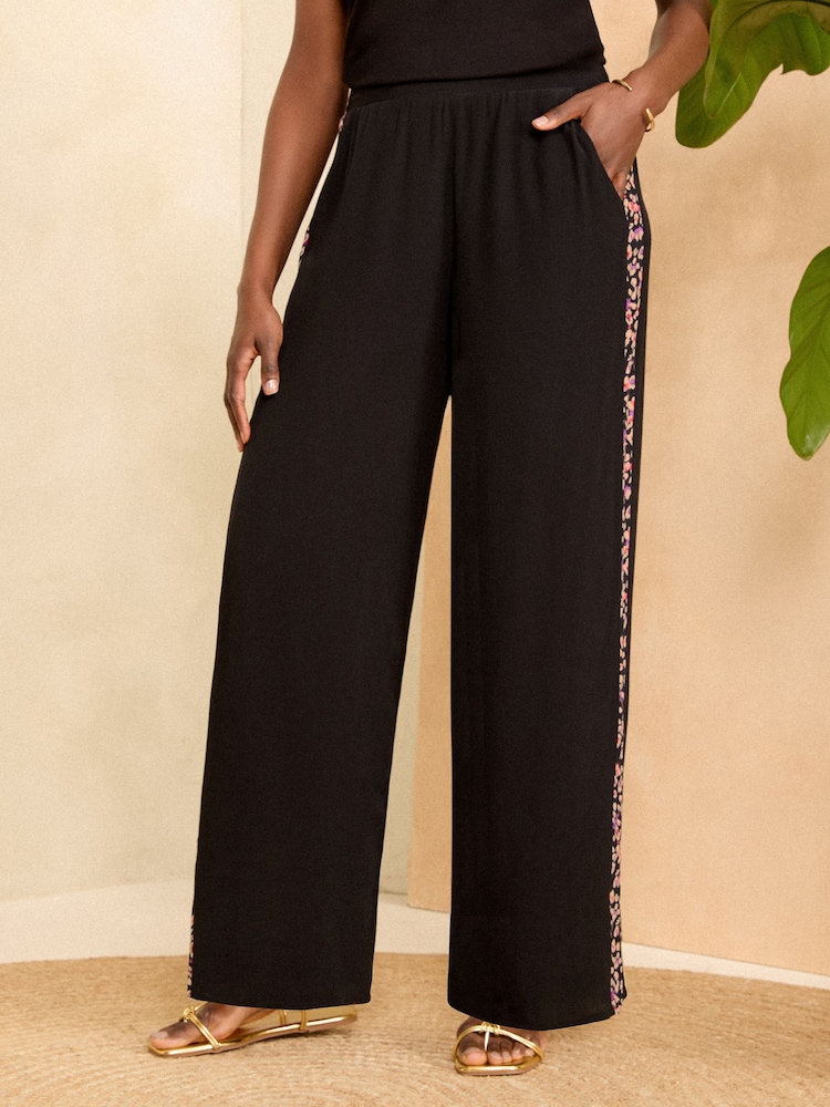 Love & Roses Black Animal Wide Leg Lightweight Side Trim Wide Leg Trousers - Image 1 of 4