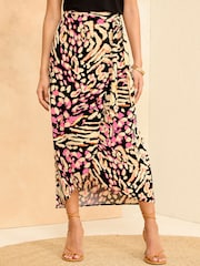 Love & Roses Black and Pink Animal Printed Jersey Midi Skirt - Image 1 of 4