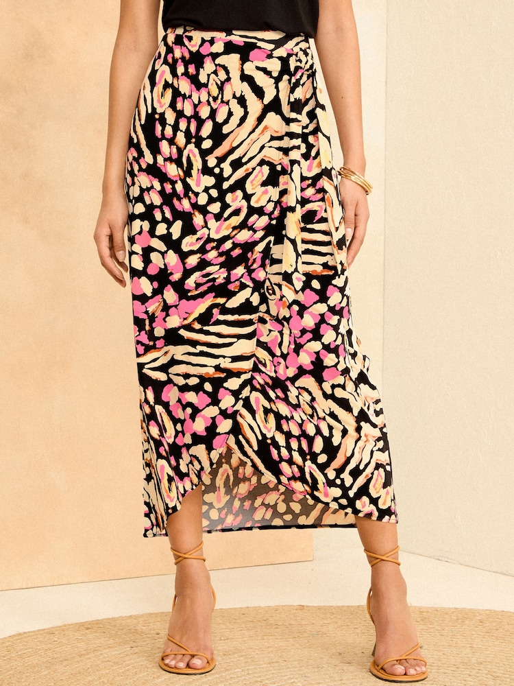 Love & Roses Black and Pink Animal Printed Jersey Midi Skirt - Image 1 of 4
