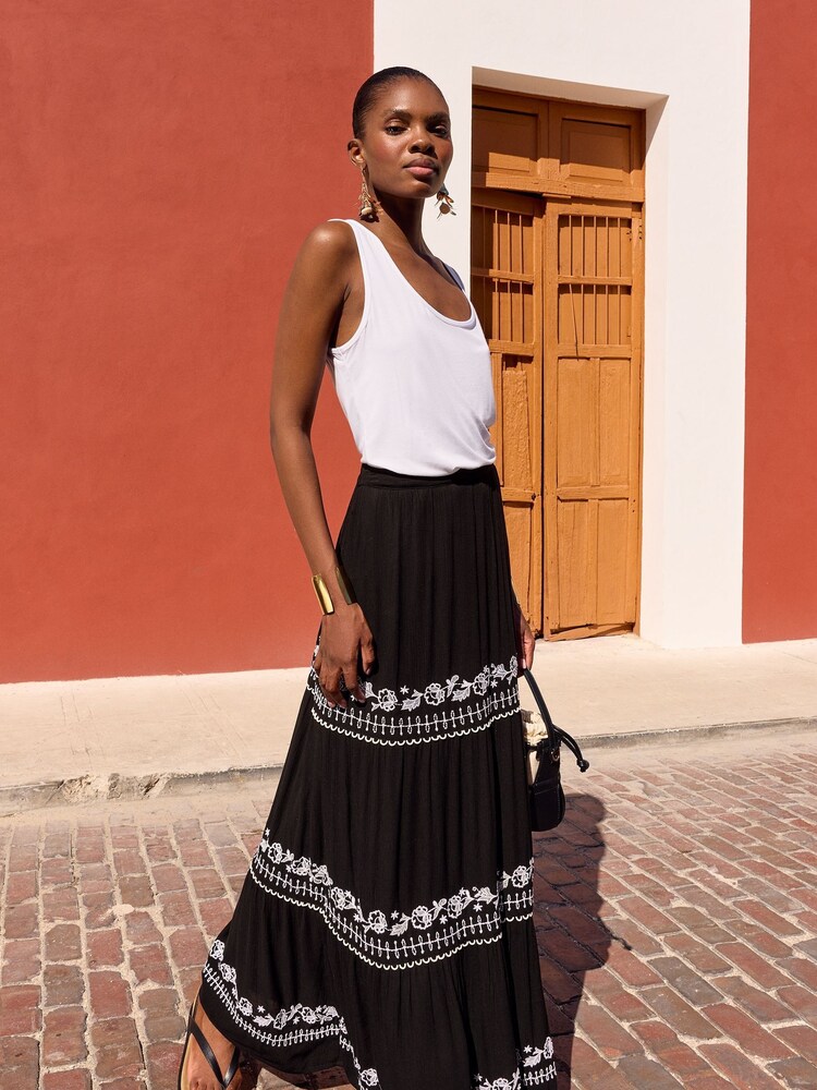 Love & Roses Black Petite Tiered Embroidered Maxi Skirt - Image 4 of 4 Love & Roses Black Petite Tiered Embroidered Maxi Skirt - Image 4 of 4