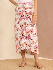 Love & Roses Ivory White Floral Printed Ruched Midi Skirt - Image 1 of 4