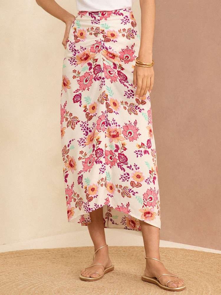 Love & Roses Ivory White Floral Printed Ruched Midi Skirt - Image 1 of 4