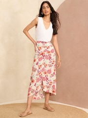 Love & Roses Ivory White Floral Printed Ruched Midi Skirt - Image 3 of 4