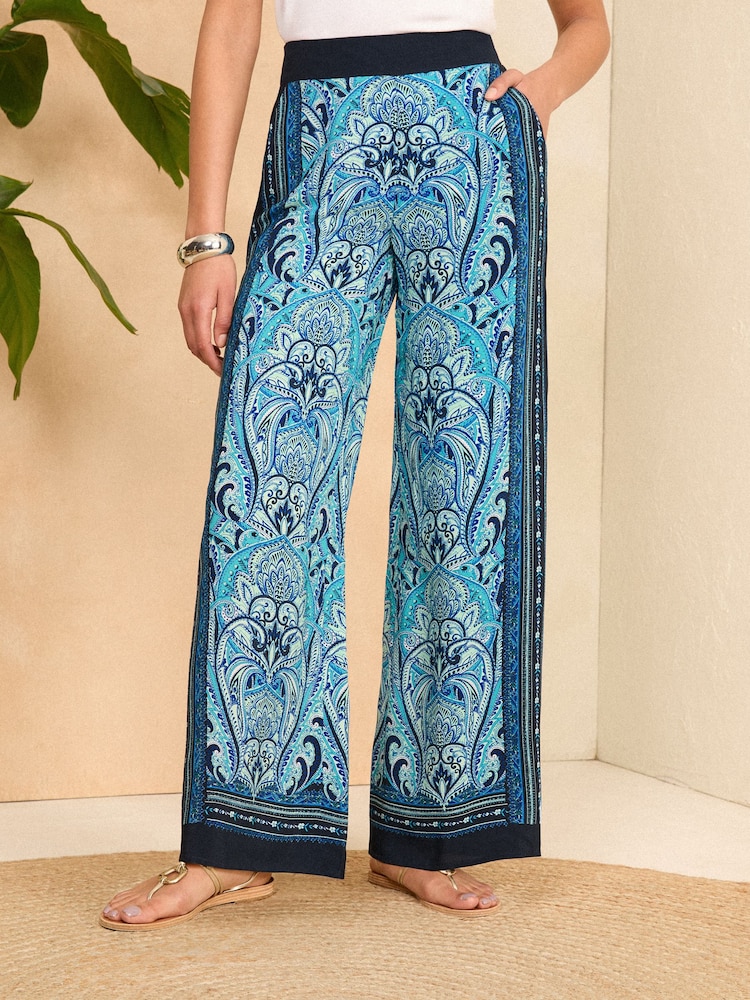 Love & Roses Blue Paisley Printed Belted Wide Leg Trousers - Image 1 of 4