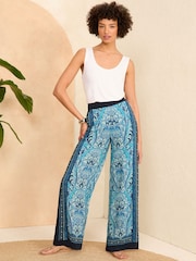 Love & Roses Blue Paisley Printed Belted Wide Leg Trousers - Image 2 of 4
