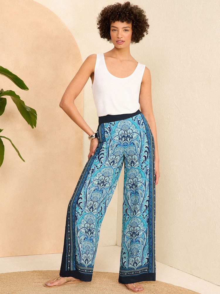 Love & Roses Blue Paisley Printed Belted Wide Leg Trousers - Image 2 of 4